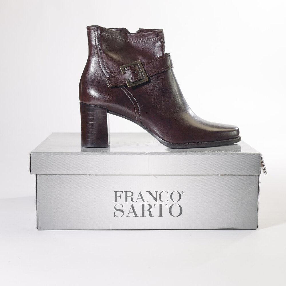 NWT Franco Sarto Espresso Heeled Leather Buckle Booties with Box